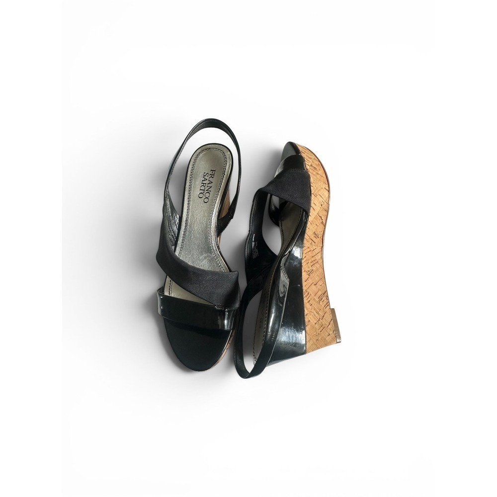 Franco Sarto Blink Black Patent Leather Cork Wedge Slingback Sandals Women 8M
